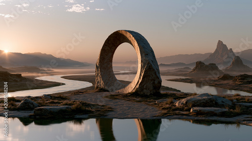 ancient stone infinity symbol at sunrise, eternal infinity monument in endless landscape, timeless fantasy stone symbol with golden dawn