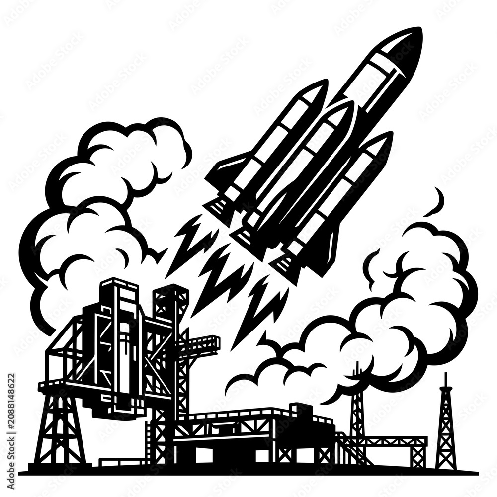 Obraz premium Black and white line of a space shuttle launching from a gantry tower with thick clouds of smoke billowing out underneath it