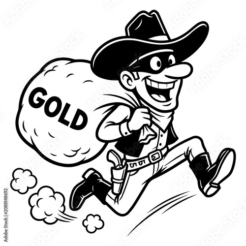 Tableau sur toile Cartoon of a masked cowboy bandit running with a large sack labeled gold, wearin