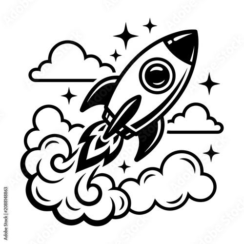 Black and white of a cartoon rocket ship launching into space with clouds and stars on a clean white background isolated