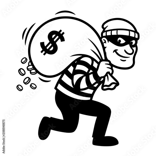 Black and white of a masked thief in a striped shirt running away with a large sack marked with a dollar sign on white background