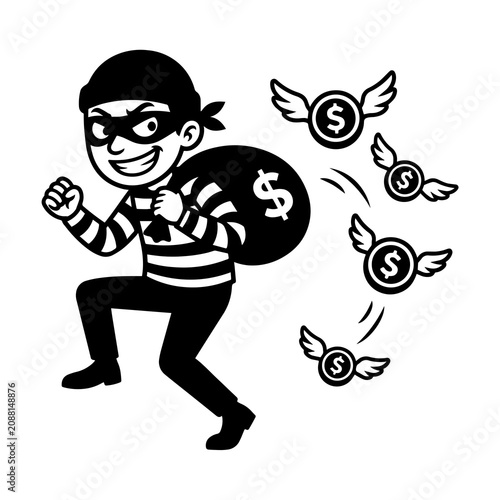 Black and white of a masked burglar running with a money bag and flying dollar coins with wings on a white background