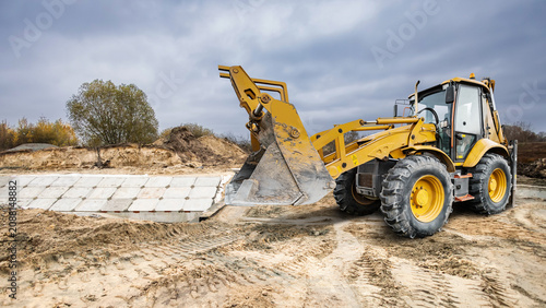 A universal excavator loader operates on a construction site. It moves materials and digs into sandy soil under a cloudy sky at an outdoor location