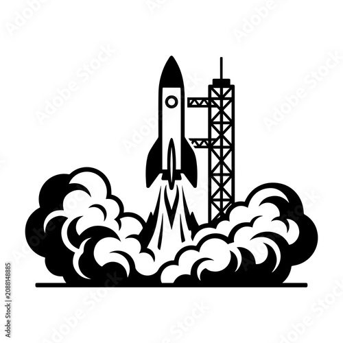 Black and white of a space rocket launching from a launch pad with thick clouds of smoke on white background