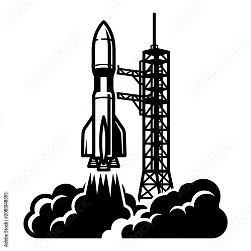 Black and white silhouette of a rocket launching from a gantry tower with thick exhaust smoke billowing at the base on white background
