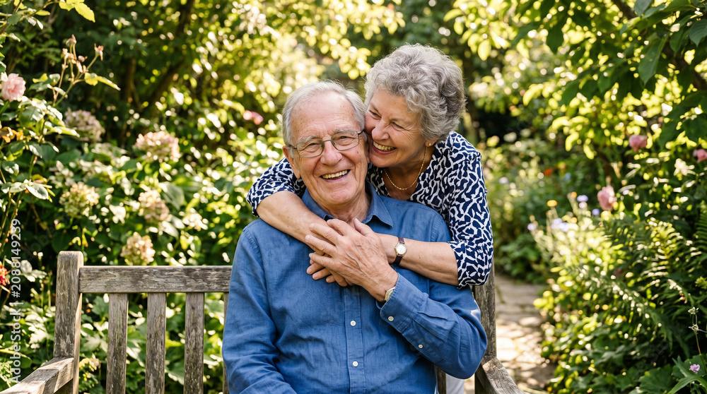 Fototapeta premium Senior couple hugging and smiling on wooden garden bench.