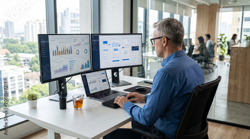 Senior businessman working on computer at office desk.