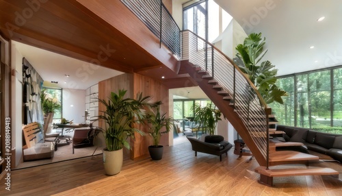 Spacious Modern Home Interior with Open Staircase and Lush Green Plants.