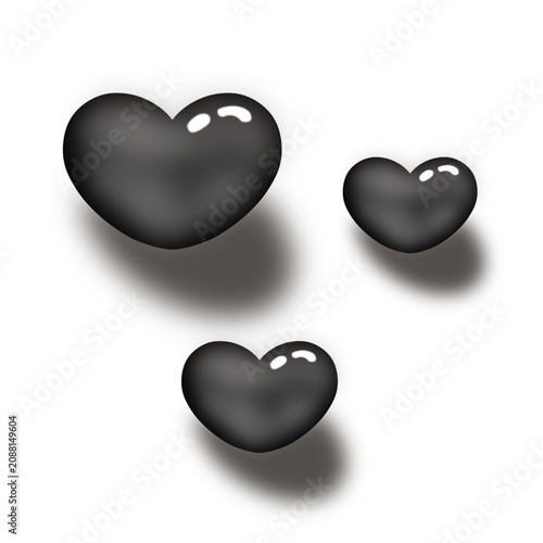 Set of Black Glossy Heart Icons with Soft Shadow, Cute 3D Love Symbol Vector Illustration