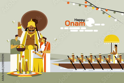 Happy Onam vector illustration featuring King Mahabali with a Kerala family and a snake boat race, celebrating the harvest festival, unity, and cultural heritage of Kerala, India
