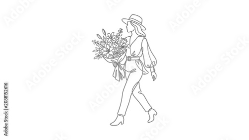 Elegant Woman Silhouette Holding Flower Bouquet Fashionable Hat Outline