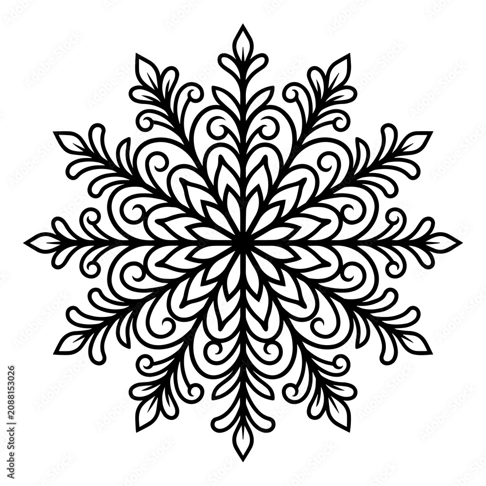 Obraz premium Symmetrical black snowflake with delicate leaf-like filigree branches, isolated on a white background, for winter
