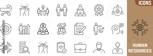 Human resources business management icons. document icon set, briefcase icon set, people icon set