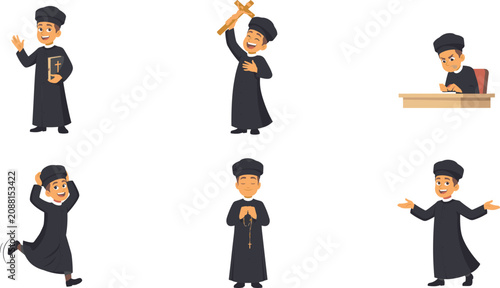 Canvastavla Catholic Priest Character Set with Cartoon Clergy Mascot holding Holy Bible Wood