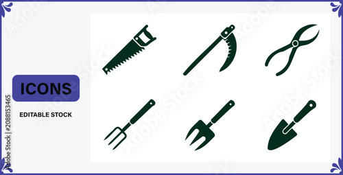 Schilderij op canvas Collection of green gardening tools icons including saw pruners scythe pitchfork