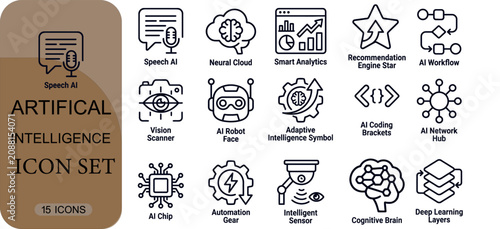 Artificial intelligence icon set, 15 ai technology line icons for web and app design, machine learning, neural networks, automation, and digital transformation concepts