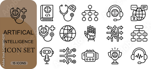 Artificial intelligence icon set, ai technology line icons, machine learning, neural network, robotics, digital brain, data processing, vector illustration