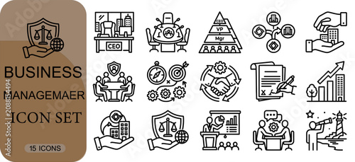 Business management icon set, professional corporate leadership and administration vector symbols, office hierarchy, strategic planning, and business growth icons