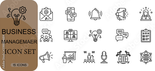 Business management icon set, collection of professional communication and strategy symbols, line art vector illustrations for corporate presentations and digital marketing projects