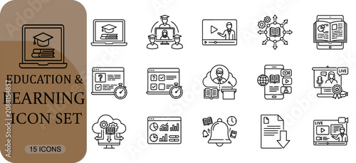Education and learning icon set, online courses, digital classroom, elearning, distance education, academic study, webinar, school and university symbols, vector line icons