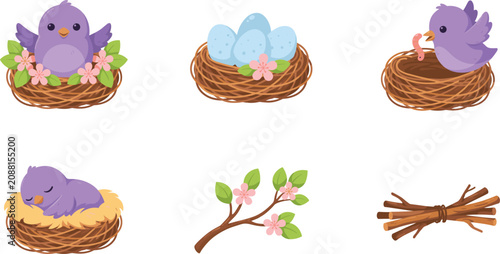 Foto Cute Cartoon Purple Bird and Nest Icon Set with Blue Eggs, Spring Blossoms, Bran