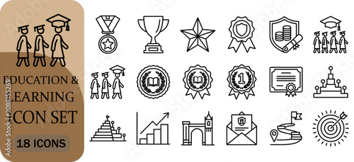 Education and learning icon set, thin line style, vector illustration, academic symbols, graduation, achievement, knowledge, school and university icons