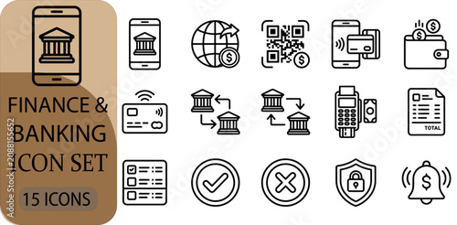 Finance and banking icon set, vector illustration of digital banking, mobile payment, money transfer, secure transaction, and financial management symbols