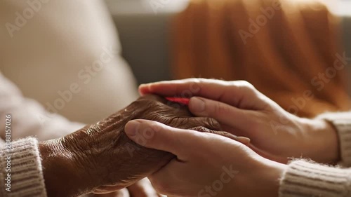 Young hands comforting wrinkled elderly hands indoors