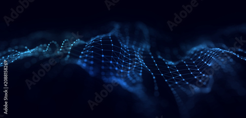 Glowing blue wave on a dark background, formed by connected dots and thin mesh lines. Abstract digital network surface for data flow, online communication, technology interface and futuristic bac