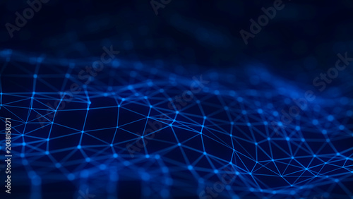 Konstfotografi Blue polygon network background with connected nodes, thin lines and soft bokeh depth