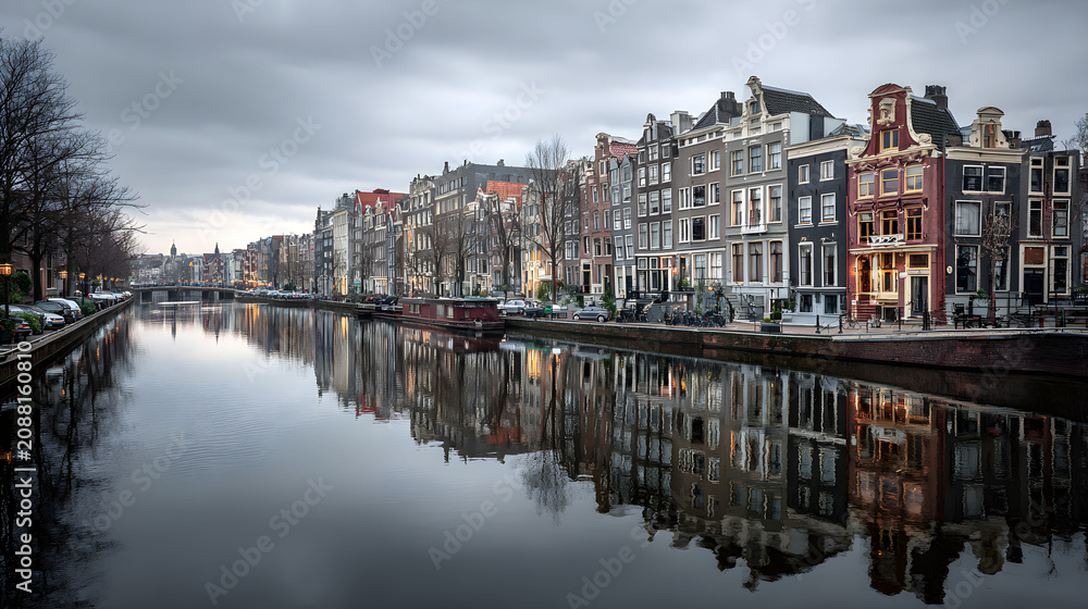 Fototapeta premium Historical gabled townhouses along a calm urban canal at twilight under a cloudy sky reflecting the architectural beauty of a traditional city waterfront