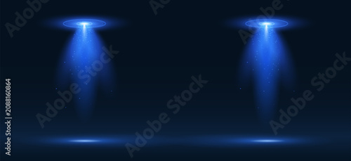Blue spotlights on the dark background, decorative presentation lights, and colorful rays, beams, and blinks. Vector design elements, announcement, and advertisement banner.
