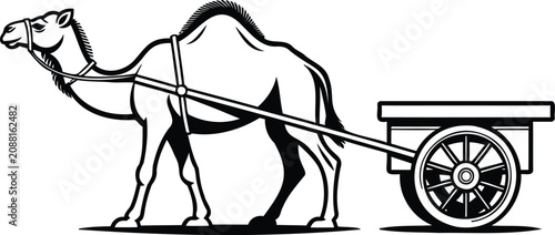 Fotografie Black and white illustration of camel pulling cart with wheel