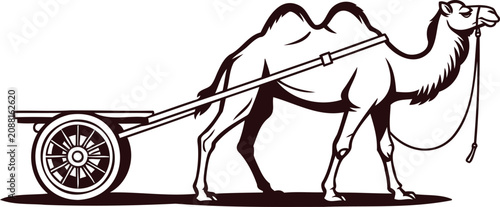 Obraz na plátně Illustration of camel pulling a cart with one wheel and long pole