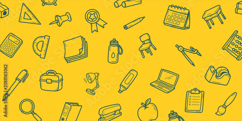 Fond jaune illustré sur le thème de la rentrée scolaire avec motif de pictogrammes et fournitures d’école, idéal pour bannière, affiche, flyer, visuel promotionnel ou création éducative.