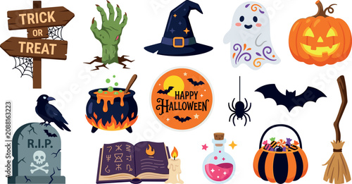 Bild auf Leinwand Halloween element collection with spooky cartoon decorations including pumpkin g