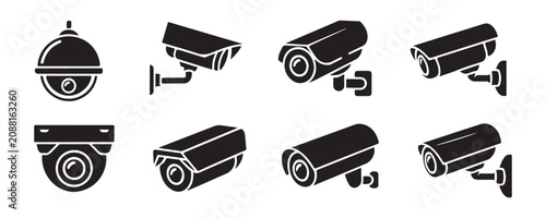 Security camera icon set with various surveillance devices and closed circuit television symbols.