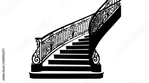 Silhouette of an Elegant Curved Staircase with Ornate Wrought Iron Railing