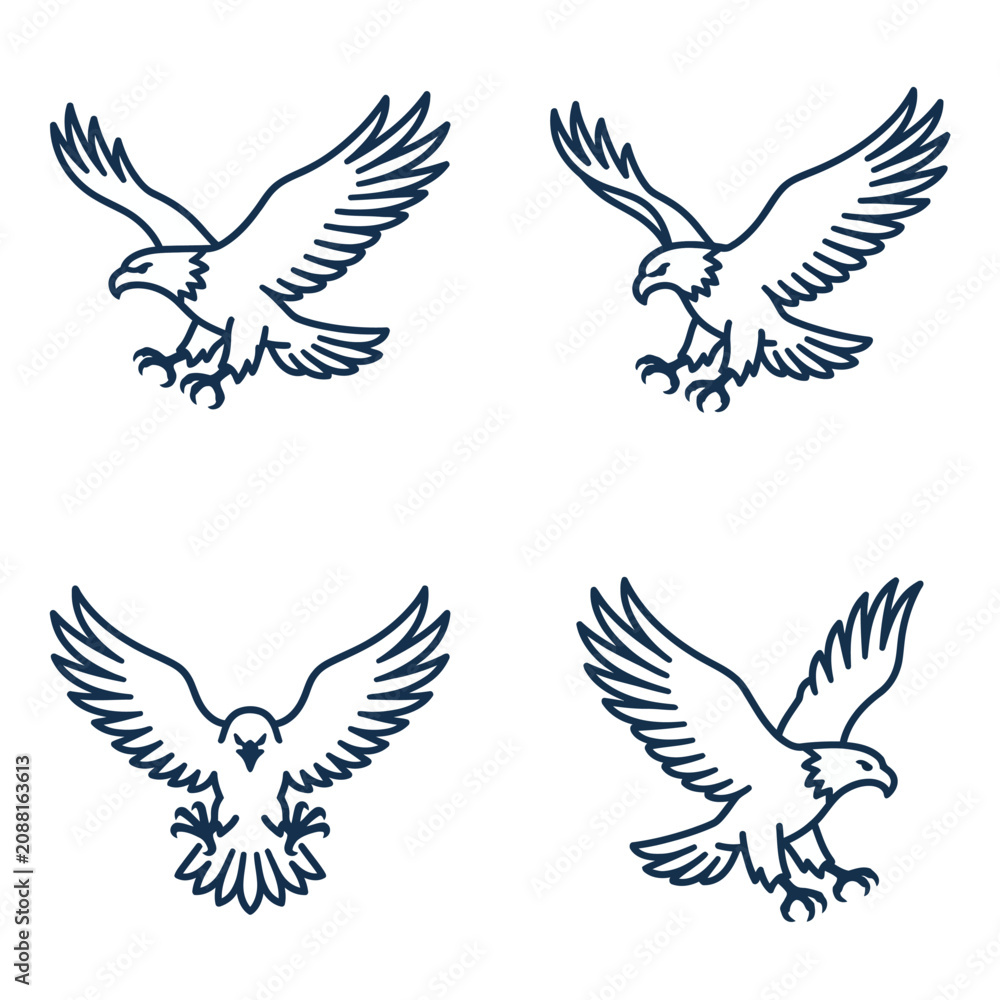 Naklejka premium Four Eagle Illustrations in Flight with Wings Spread.