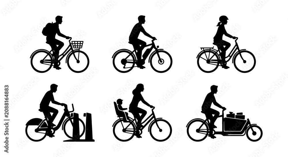 Fototapeta premium Bicycle Silhouettes Collection: Urban Commute, Family Ride, Cargo Bike