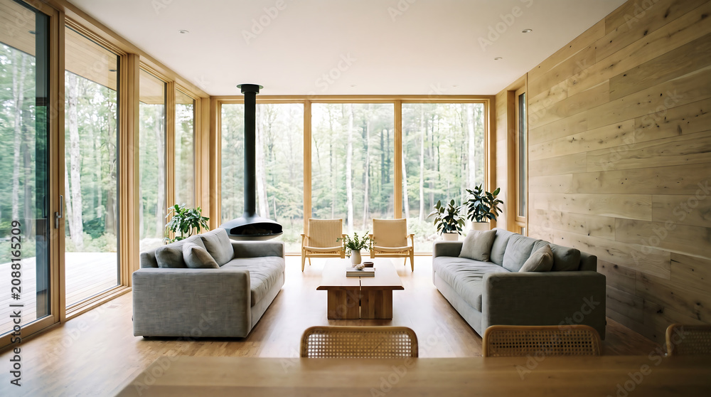Fototapeta premium Modern Living Room Interior with Large Windows and Forest View