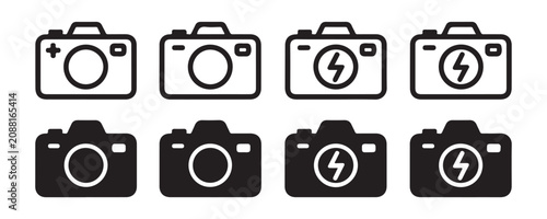 Photo camera icons collection with line and solid styles featuring flash and focus settings set.
