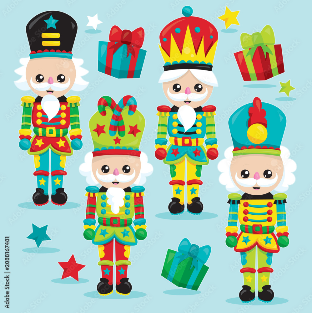 Fototapeta premium Traditional nutcracker soldiers set with gift boxes and stars on blue background