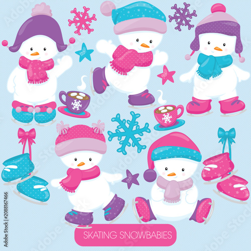Cute skating snowbabies characters with winter accessories and hot cocoa vector