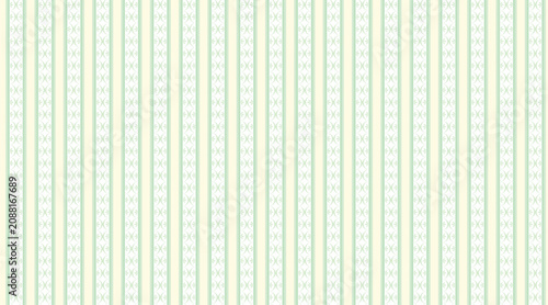 Seamless wallpaper background with light green vertical stripes and elegant vintage floral ornaments in a soft pastel color palette.