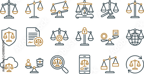 Obraz na płótnie Legal Justice and Law Icon Collection with Balance Scales, Court Symbols, Compli
