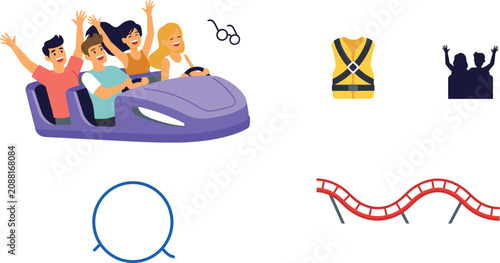 Fotografie Thrilling Roller Coaster Ride with Cheerful Friends and Amusement Park Theme Ele