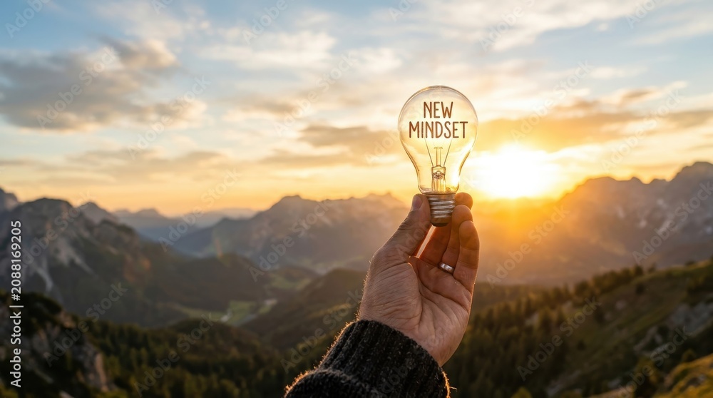Obraz premium Hand holding lightbulb with New Mindset text at sunset over mountains