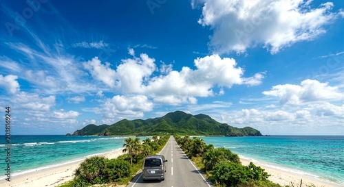 Plakat 南国の海沿いをドライブする車