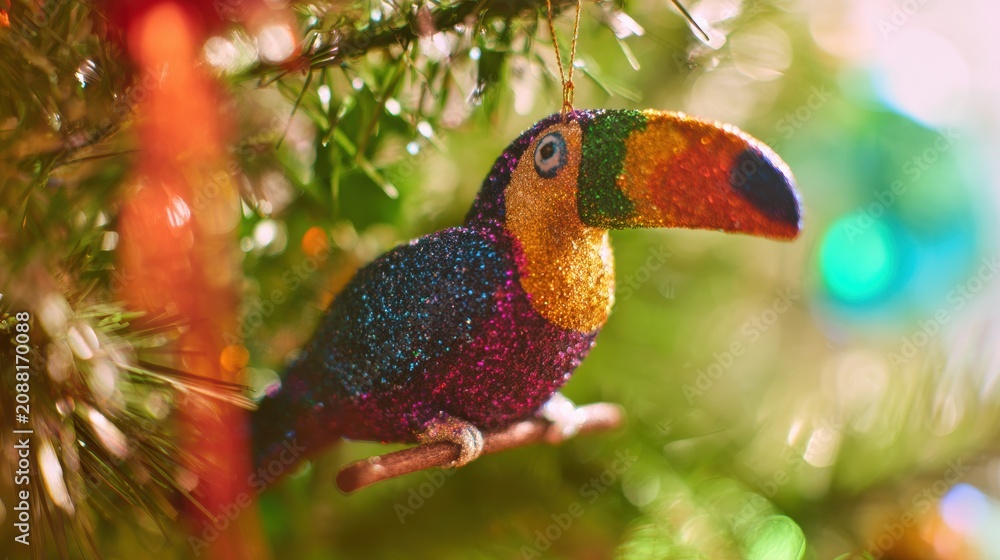 Fototapeta premium Bright toucan ornament hanging on a Christmas tree with colorful lights and decorations during the holiday season